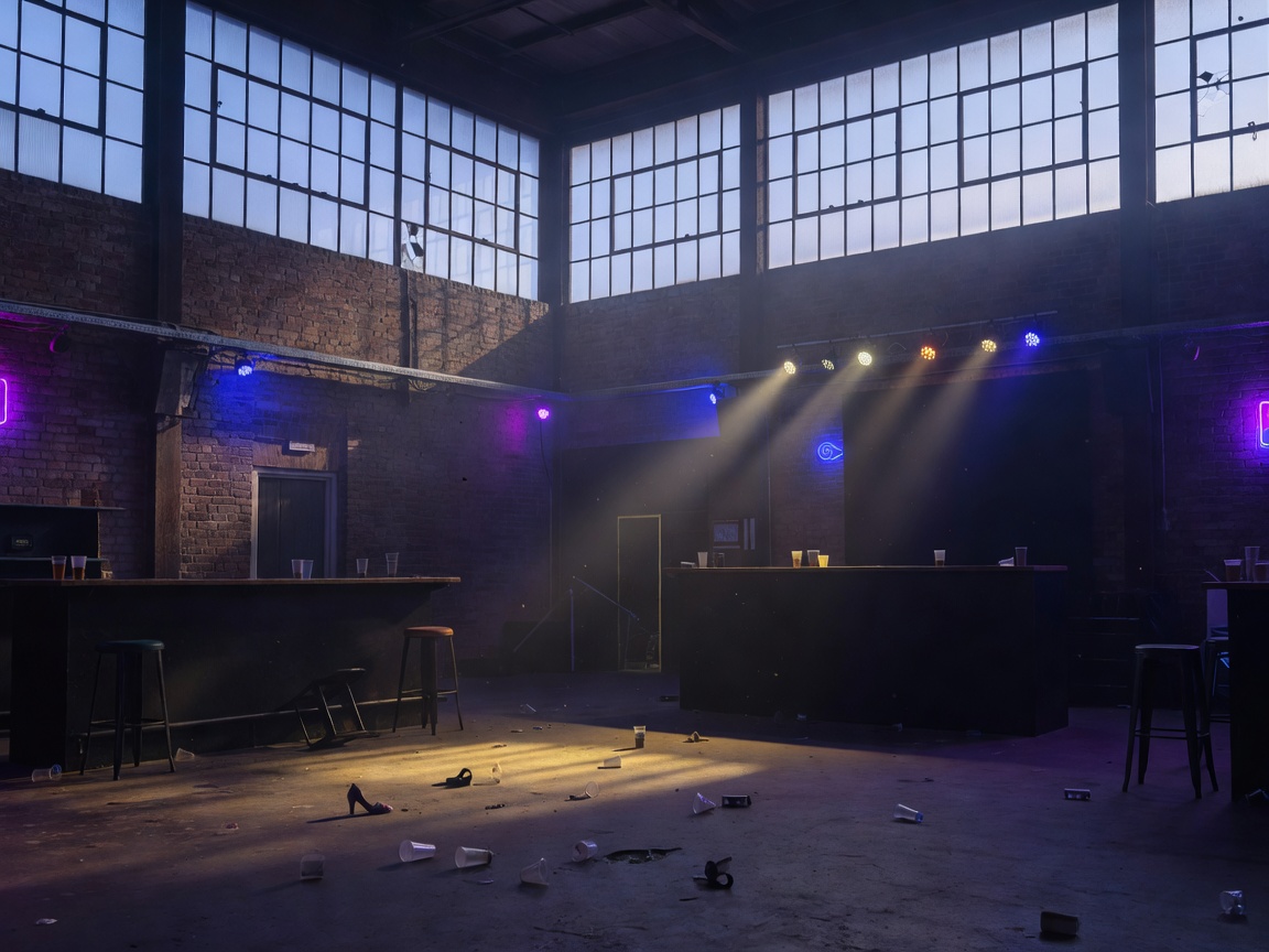 Club interior transitioning from night into morning light filtering through high industrial windows