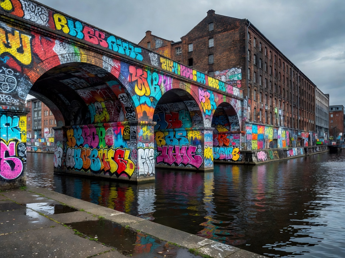 Graffiti laden railway arches and brick warehouses along the Spree river