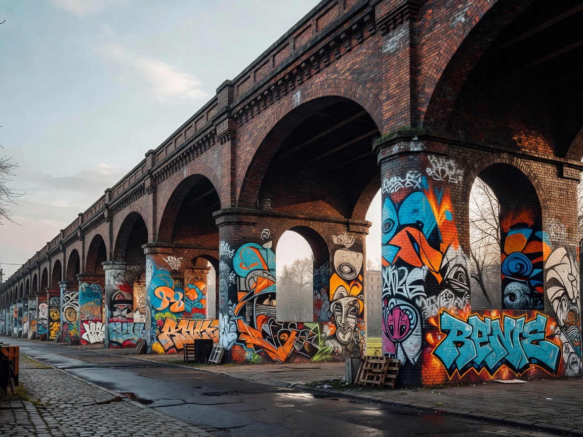 Industrial brick railway viaducts and street art in Friedrichshain district