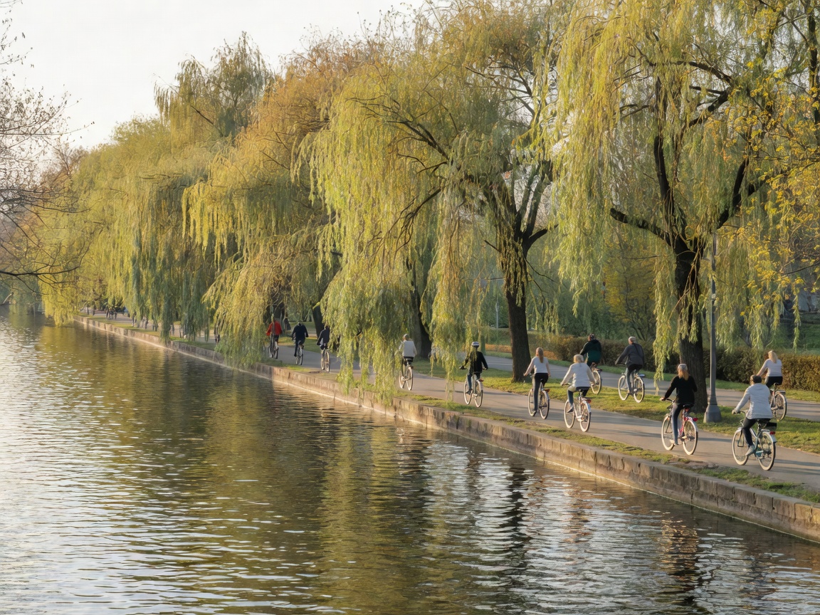 Landwehr canal banks lined with weeping willow trees and cyclists