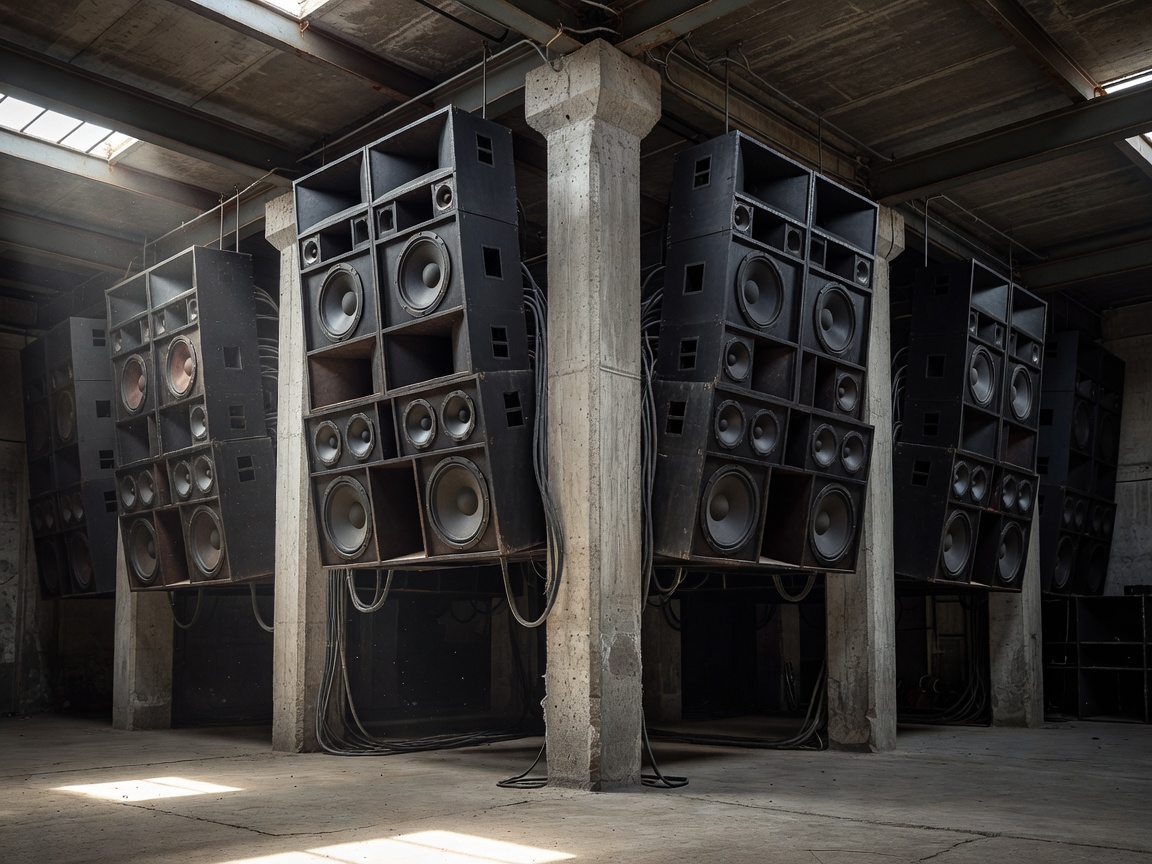 Massive custom speaker stacks mounted on raw industrial concrete pillars