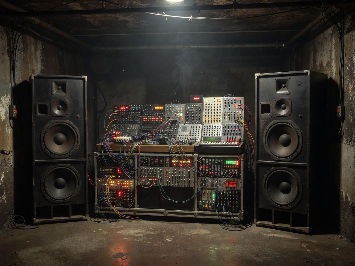 Modular analog synthesizer and heavy acoustic speakers in an underground club