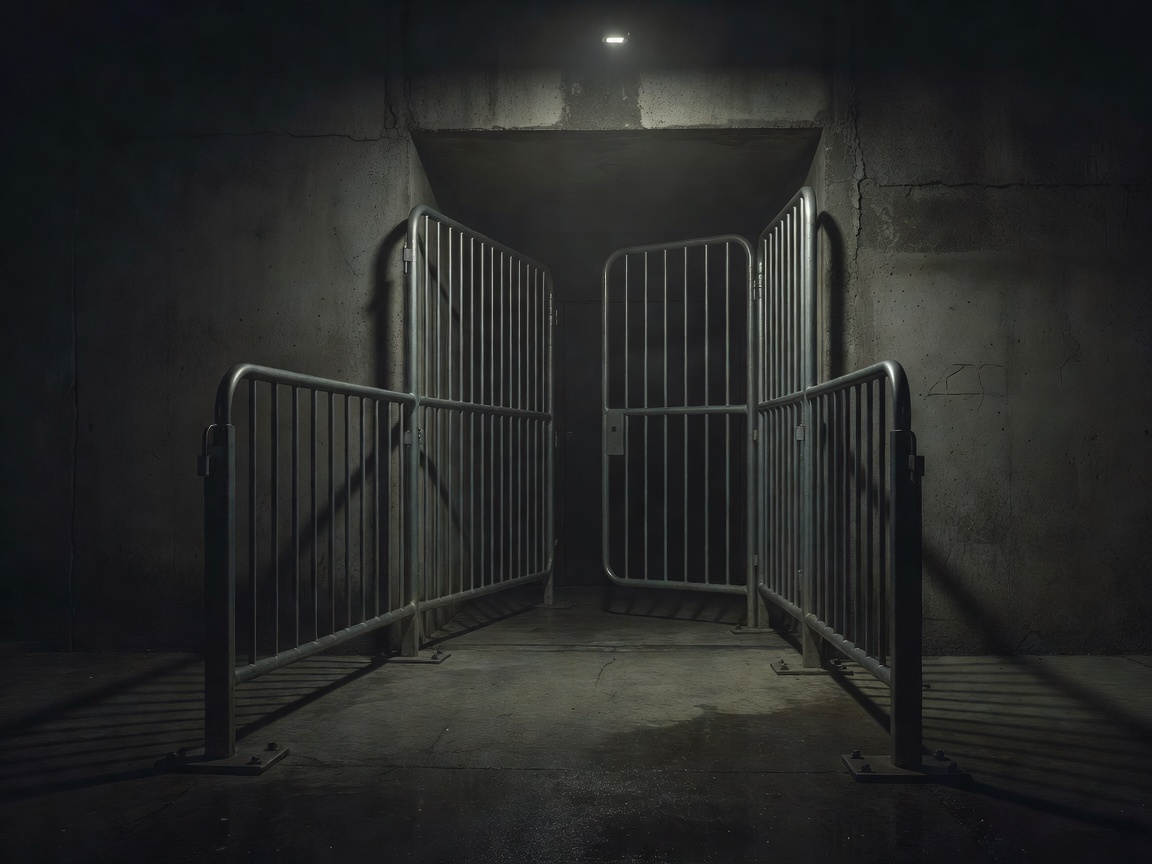 Subtle dimly lit concrete club entrance with steel security barriers