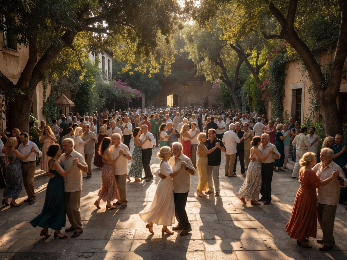 Sunday afternoon open air dance courtyard bathed in filtered sunlight